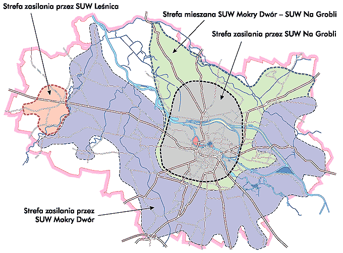 Strefy zasilania Wrocławia w wodę przy największym rozbiorze w latach 1998-2001